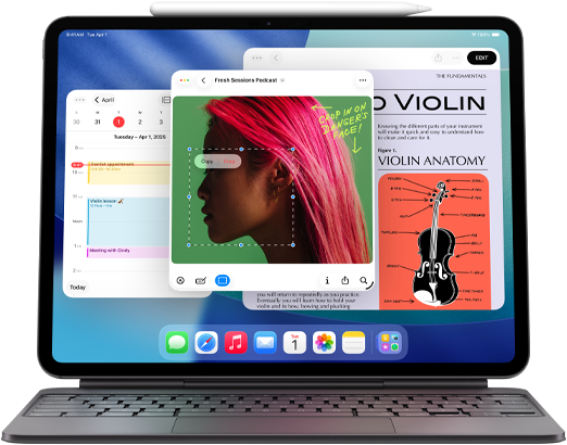 iPad Air displaying Home page with multiple Apple apps, paired with Magic Keyboard and Apple Pencil Pro